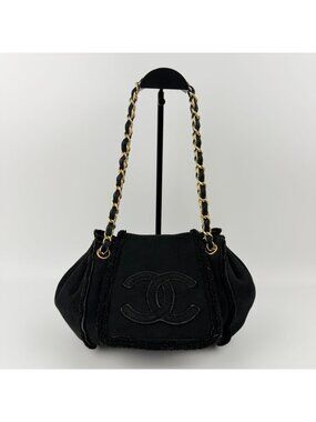 Chanel CC Logo Chain Shoulder Bag Black Shearling Suede Vintage
